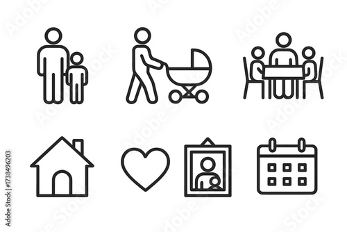 Father Role Icons. Outline icon set of father?s family role: family silhouette, baby stroller, rocking chair, family dinner, house, heart, photo frame,