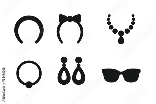Beauty Accessories Icons. Solid, filled icon set of beauty accessories: hairband, headband, hairpins, earrings, necklace, bracelet, ring, sunglasses. Solid,