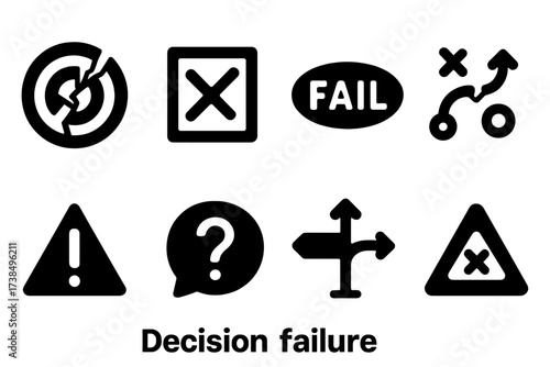 Decision Failure Icons. Solid, filled icon set of decision failure: shattered target, wrong box checked, fail stamp, broken strategy, exclamation mark,