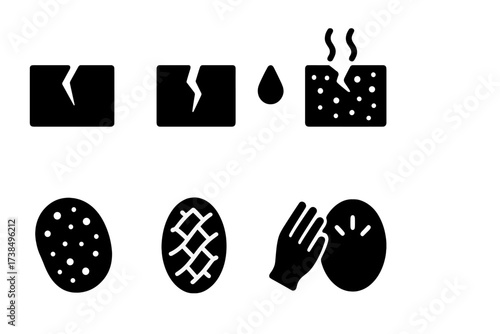 Cracked Skin Icon Set. Solid, filled icon set of cracked skin symptoms severity: mild crack, deep fissure, bleeding crack, infected skin, dry patch, scaly