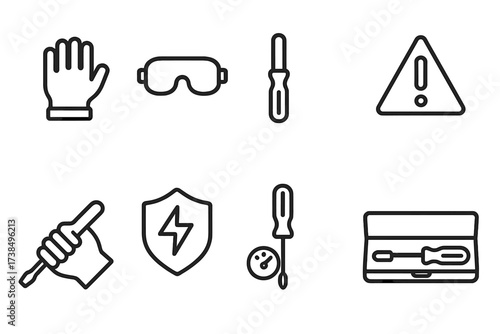Screwdriver Safety Icons. Outline icon set of screwdriver safety: gloves, goggles, insulated handle, warning sign, correct grip, electric shock protection,