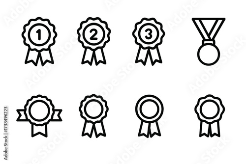 Award Ribbon Icons. Outline icon set of award ribbons: first place ribbon, second place ribbon, third place ribbon, medal ribbon, winner ribbon, prize rosette,