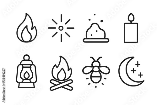 Fire-Themed Icon Set. Outline icon set of fireplace lighting: flame, spark, ember, candlelight, lantern, glowing logs, firefly, moonlight. Line icons in only