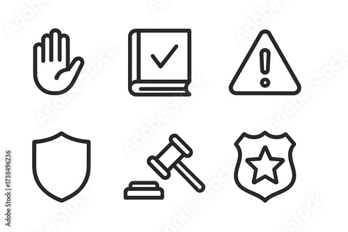 Behavior Control Icons. Outline icon set of behavior control: stop hand, rulebook, warning triangle, lock, shield, whistle, judge gavel, badge. Line icons in