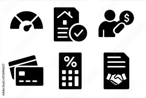 Loan Icon Set. Solid, filled icon set of loan and credit: credit score chart, mortgage contract, loan approval, debt icon, credit card stack,