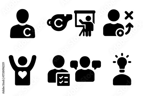 Team Roles Icons. Solid, filled icon set of team roles: captain, coach whistle, presenter, strategist, supporter, organizer, mediator, innovator. [Line icons