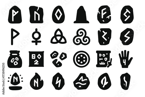 Ancient Rune Icons. Solid, filled icon set of ancient rune stones: elder futhark rune, cracked slab, engraved stone, standing monolith, glowing