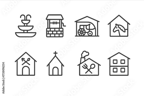 Palace Amenities Icons. Outline icon set of palace utilities and amenities: fountain, well, carriage house, stable, armory, chapel, kitchens, servant quarters.