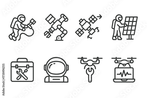 Satellite Repair Icons. Outline icon set of satellite repair and maintenance: spacewalk, robotic arm, satellite replacement, solar panel fixing, tool kit,