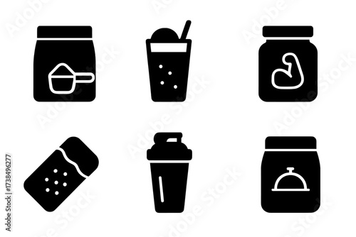 Protein Supplements Icons. Solid, filled icon set of protein supplements: protein powder, protein shake, amino acid capsules, creatine jar, protein bar, shaker
