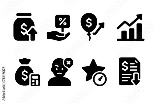 Bailout Icons. Solid, filled icon set of bailout consequences: debt increase, tax raise, inflation risk, market distortion, bailout cost, public backlash,