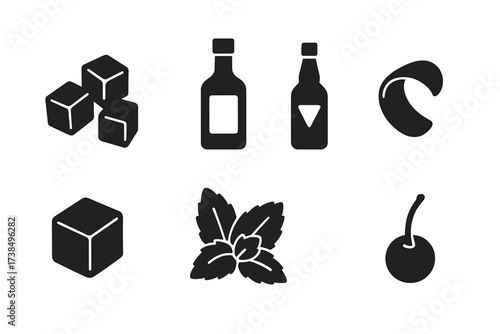 Cocktail Ingredient Icons. Solid, filled icon set of stirring drink ingredients: ice cubes, liquor bottle, vermouth bottle, bitters bottle, citrus peel, sugar
