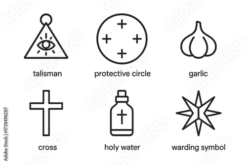 Rural Myth Protection Icons. Outline icon set of rural myth protection: talisman, protective circle, garlic, salt line, cross, holy water, bell, warding
