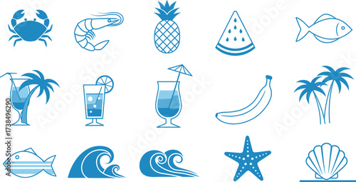 Stylized tropical summer icon set with crab, shrimp, fruits, cocktails, fish, waves, palm trees, starfish, and seashells vector