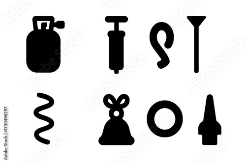 Balloon Tools Icons. Solid, filled icon set of balloon props and tools: helium tank, balloon pump, sealing clip, balloon stick, curling ribbon, balloon weight,
