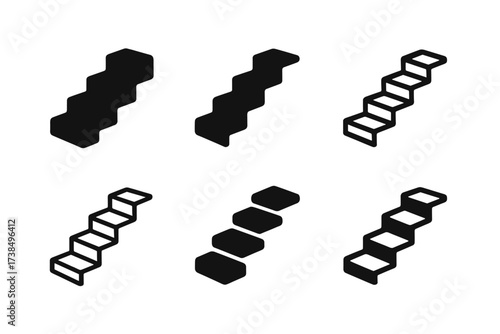 Floating Staircase Logos. floating staircase. Set Logo of floating staircase: ascending steps. harmonious logo variations of the same emblematic concept, each