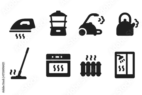 Steam Appliance Icons. Solid, filled icon set of steam appliances: steam iron, steam cooker, steam cleaner, steam kettle, steam mop, steam oven,