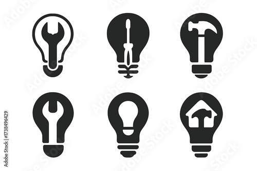 DIY Lightbulb Logo Variations. diy projects and home improvement. Set Logo of diy projects and home improvement: lightbulb. harmonious logo variations of the