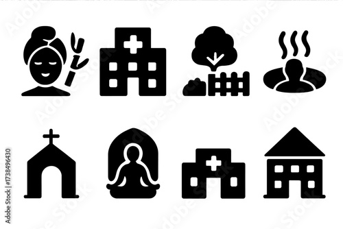 Healing Places Icons. Solid, filled icon set of healing places: spa, hospital, garden, sanctuary, meditation room, hot spring, clinic, retreat center. Solid,