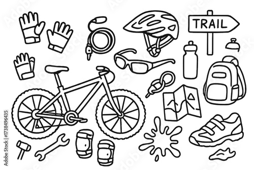 Mountain Biking Essentials. Hand-drawn doodle illustration Mountain biking mountain bike, helmet, gloves, water bottle, trail sign, backpack, tire pump,