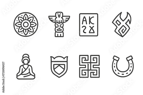 Cultural Iconography Outline. Outline icon set of languages and writing: alphabet letters, speech bubble, book, scroll, dictionary, pen, calligraphy,
