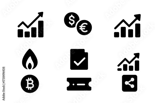 Trading Instruments Icons. Solid, filled icon set of trading instruments: stocks, forex, commodities, options, futures, cryptocurrencies, bonds, ETFs. [Solid,