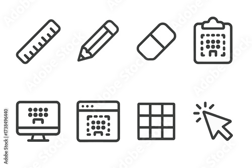 Seating Chart Tools Icons. Outline icon set of seating chart tools: ruler, pencil, eraser, clipboard, computer screen, software window, grid layout, pointer.
