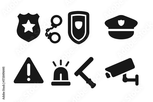 Border Enforcement Icons. Solid, filled icon set of border enforcement: badge, handcuffs, patrol shield, police hat, warning sign, siren, baton, security