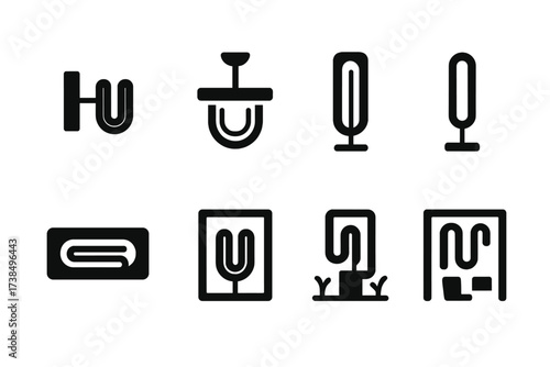 Neon Light Icons. Solid, filled icon set of neon light installation: wall mount, hanging, ceiling mount, freestanding, embedded, frame mount, outdoor