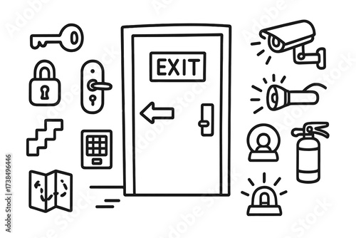 Exit Door Icons. Hand-drawn doodle illustration exit door door, key, lock, handle, exit sign, arrow, corridor, keypad, security camera, flashlight, alarm bell,