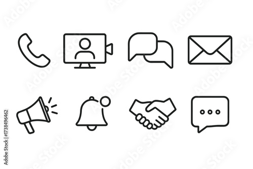 Family Communication Icons. Outline icon set of family communication: phone, video call, chat bubbles, envelope, megaphone, notification bell, handshake,