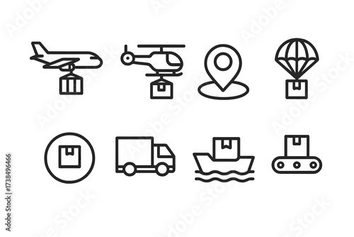 Supply Drop Icons. Outline icon set of supply drop delivery methods: cargo plane, helicopter, drone, parachute, air drop zone, truck, boat, conveyor belt. Line