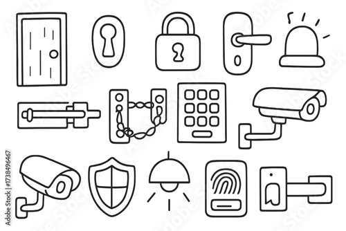 Security Icons Doodle. Hand-drawn doodle illustration door lock door, keyhole, padlock, handle, bolt, chain, keypad, alarm bell, security camera, shield,