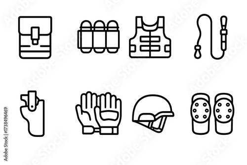 Grenade Launcher Gear Icons. Outline icon set of grenade launcher tactical gear: ammo pouch, grenade carrier, tactical vest, sling, holster, gloves, helmet,