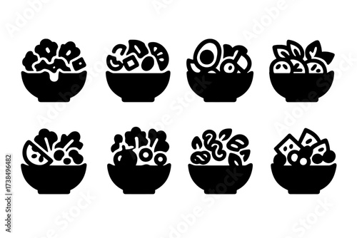 Salad Icons Grid. Solid, filled icon set of salad types: Caesar, Greek, Cobb, Caprese, Waldorf, Garden, Pasta, Fruit salad. Line icons in only black color. All