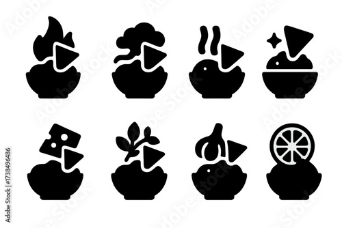 Bean Dip Icon Set. Solid, filled icon set of bean dip flavors: spicy, smoky, tangy, creamy, cheesy, herby, garlicky, citrus. [Line icons in only black color.
