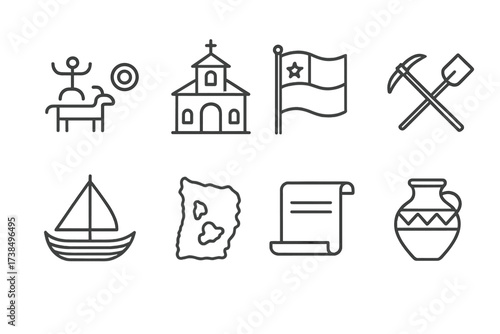Chilean History Icons. Outline icon set of Chilean history and heritage: indigenous petroglyphs, colonial church, independence flag, mining tools, traditional