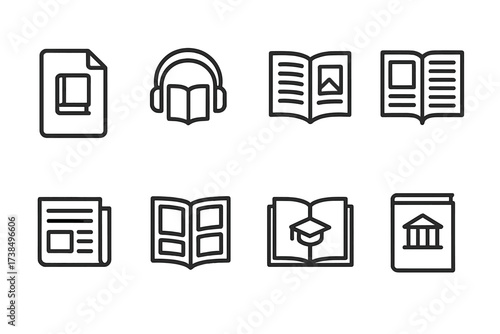 E-Content Icons Grid. Outline icon set of e-reader content types: ebook file, audiobook, PDF document, magazine, newspaper, comic book, textbook, library