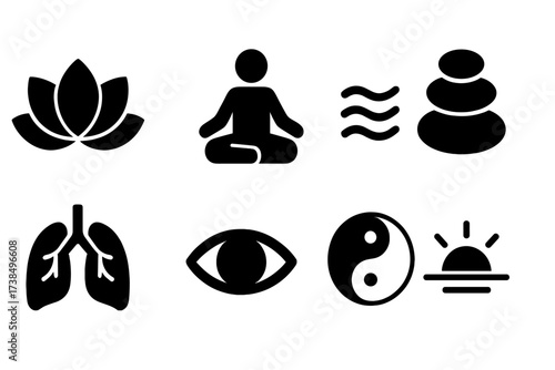 Inner Peace Icons. Solid, filled icon set of inner peace: lotus flower, meditation pose, calm water, zen stone stack, breathing lungs, peaceful eye, yin yang,