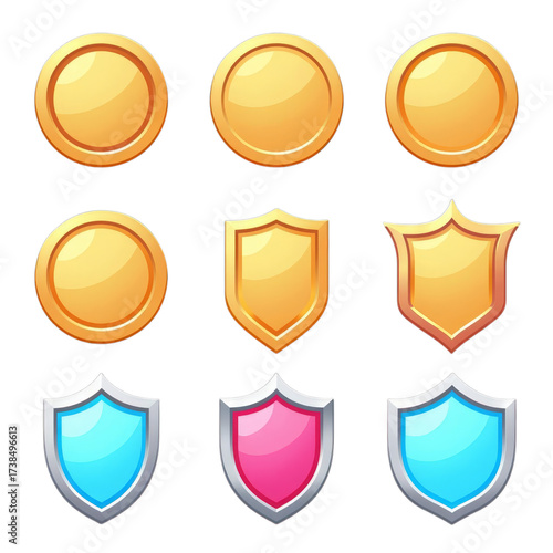 Free Download Gold coins and colorful shields collection isolated on transparentbackground - GFXLoad