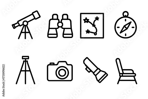 Stargazing Equipment Icons. Outline icon set of stargazing equipment: telescope, binoculars, star map, tripod, compass, camera, flashlight, observation chair.