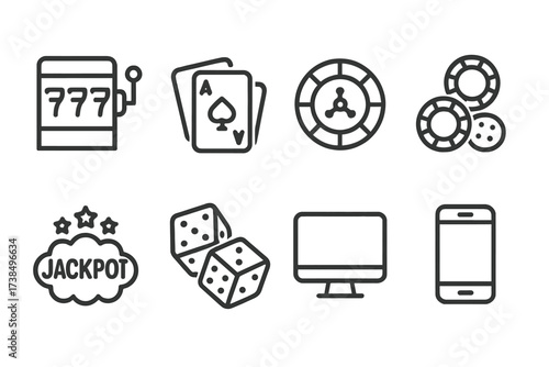 Casino Icon Set. Outline icon set of online casino: slot machine, playing cards, roulette wheel, poker chips, jackpot, dice, computer screen, mobile phone.