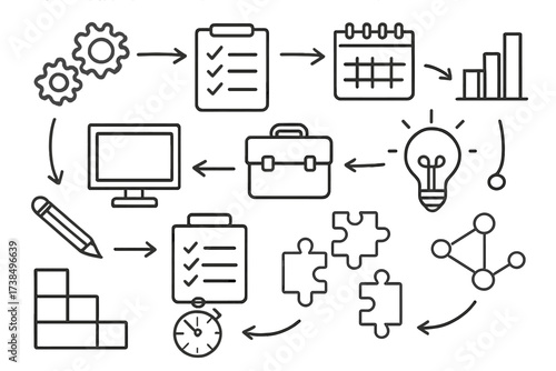 Organizational Framework Doodle. Hand-drawn doodle illustration organizational framework flowchart, gears, checklist, calendar, clipboard, light bulb, network