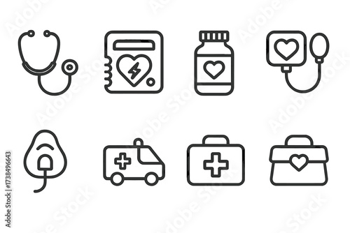 Heart Care Tools Icons. Outline icon set of heart care tools: stethoscope, defibrillator, heart medicine, blood pressure monitor, oxygen mask, ambulance, first