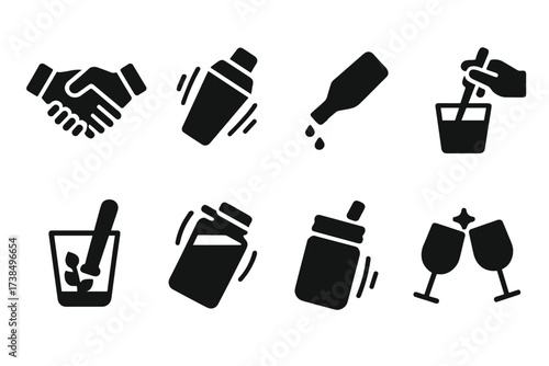 Motion Icon Set. Solid, filled icon set of shake motion and action: shaking hands, ice shaking, cocktail mixing, pouring drink, stirring glass, muddling herbs,