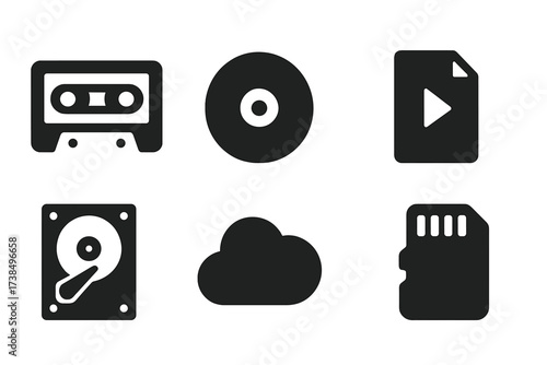 Recording Media Icons. Solid, filled icon set of recording media: cassette tape, vinyl record, CD, digital file, hard drive, cloud storage, USB drive, memory