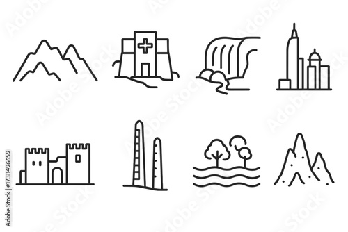 Ethiopian Landmark Icons. Outline icon set of Ethiopian landmarks: Simien Mountains, Lalibela churches, Blue Nile Falls, Addis Ababa skyline, Harar old town,