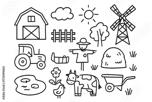 Rural Doodle Icons. Hand-drawn doodle illustration rural setting barn, tractor, fence, tree, haystack, cow, chicken, windmill, pond, grass, flower, sun, cloud,