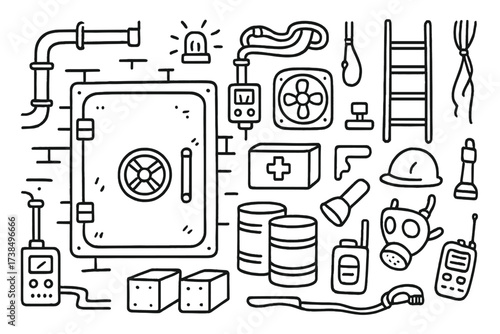 Bunker Essentials Icons. Hand-drawn doodle illustration Underground bunker steel door, ventilation system, control panel, emergency light, radio, storage