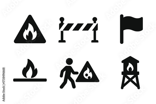 Fire Risk Icon Set. Solid, filled icon set of fire risk zones: red zone, caution tape, barrier fence, warning flag, fire line, evacuation route, danger area,